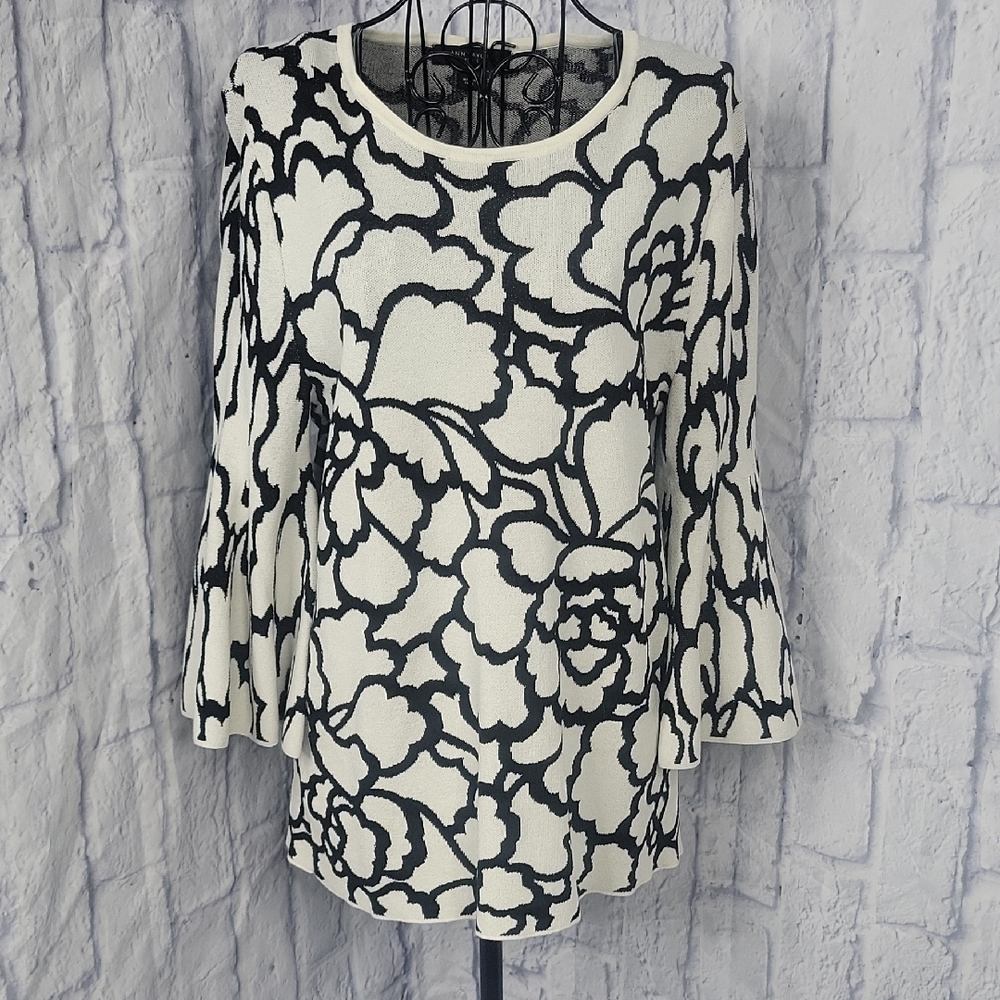 Ann Taylor Black and White Floral Sweater with Bell Sleeves LP